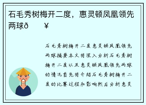 石毛秀树梅开二度，惠灵顿凤凰领先两球💥